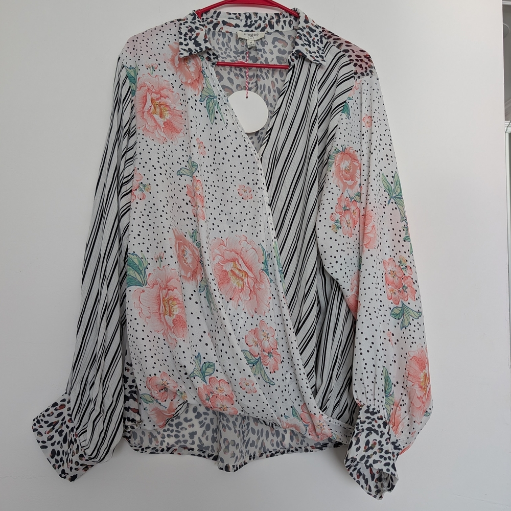 White Wrap Blouse with Pink Floral & Mix Animal Print